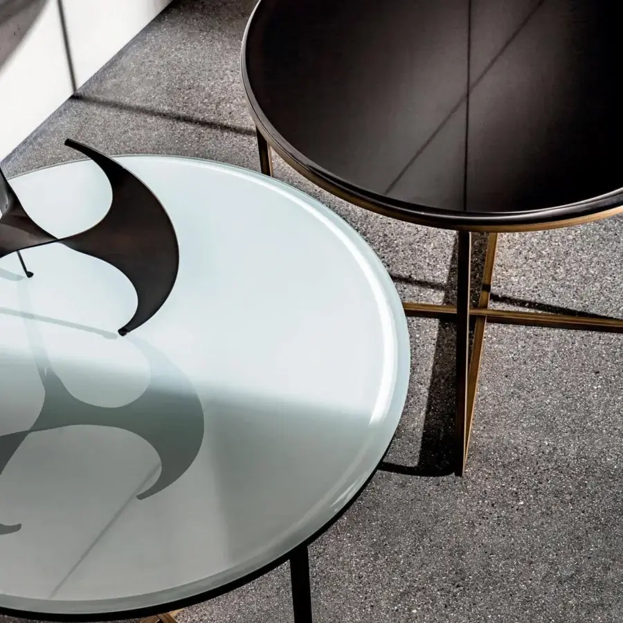 Exceptional Sovet Italia Piktor side table with round dark matte tabletop and burnished metal frame
