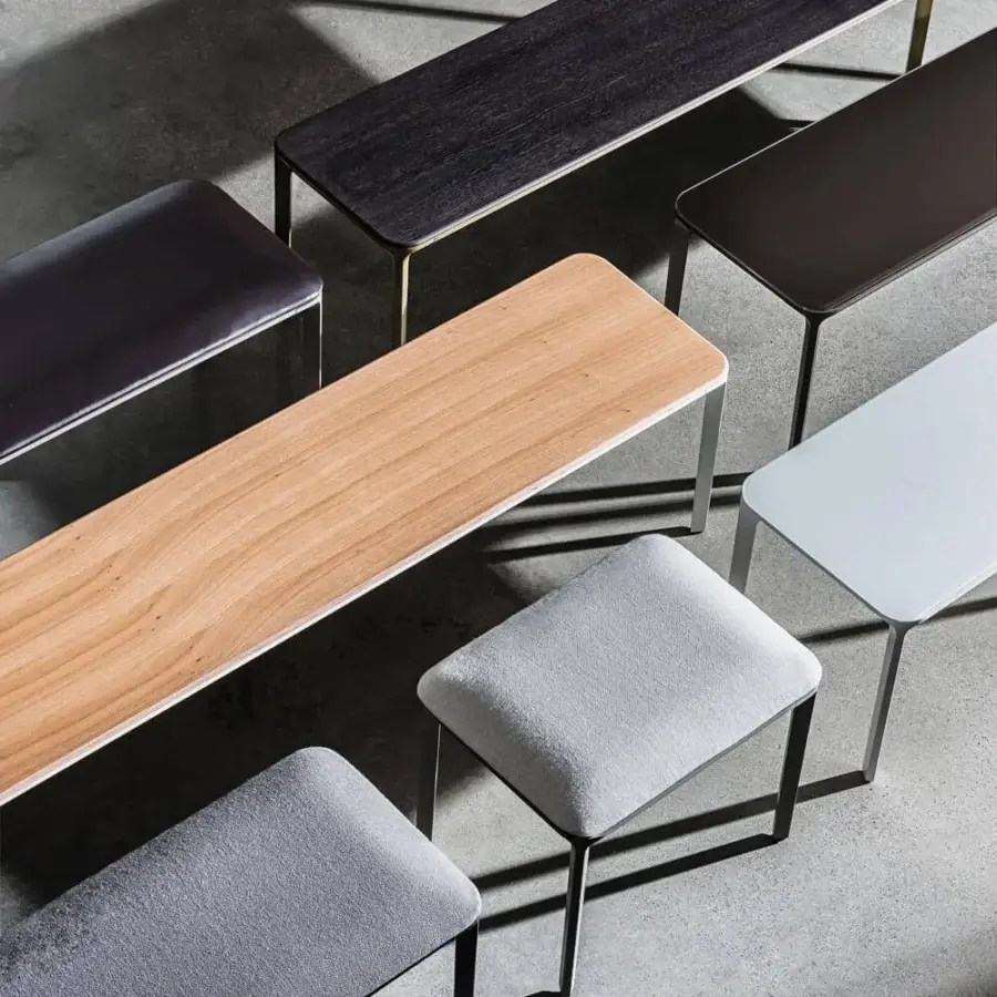 Sophisticated Sovet Italia Slim Rectangular Coffee Table with light-toned wood and brushed metal frame in smooth finish