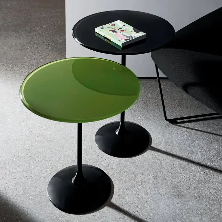 Distinguished Sovet Italia Tulip side table with sleek black lacquered metal base and glossy black lacquered top