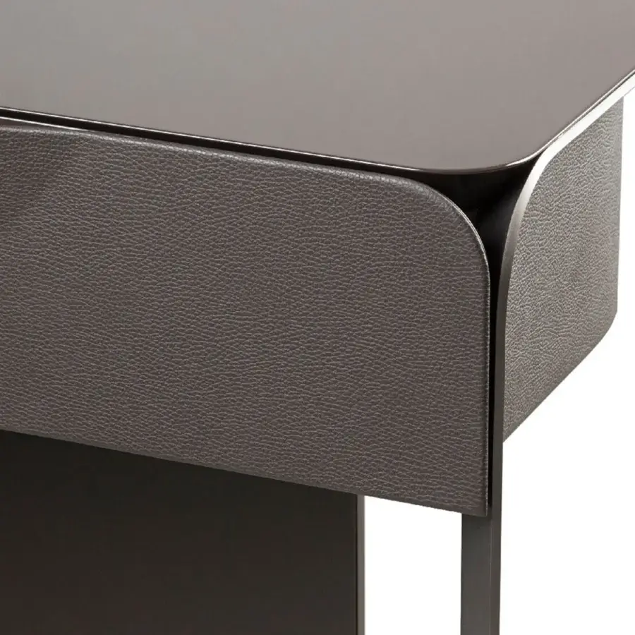 Distinguished Turri Milano vanity with rounded corners, leather drawers and a glossy lacquered wooden top in medium gray hues