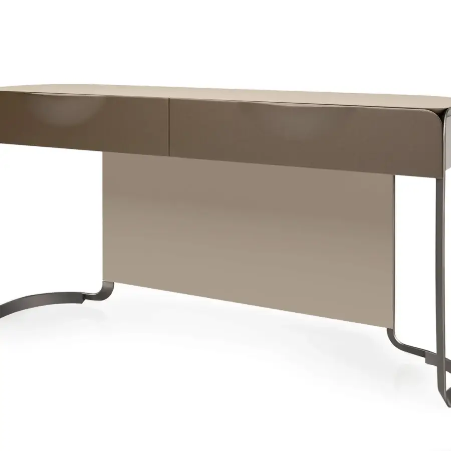 Superior Turri Milano vanity with taupe leather cabinet and glossy lacquered wooden panels built with a curved brushed nickel structure