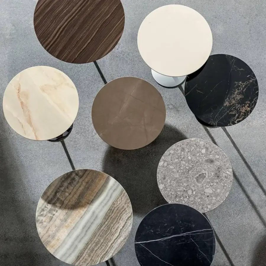 Elegant Sovet Italia Tulip side table with dark brown wood grain tabletop and sleek black lacquered metal base