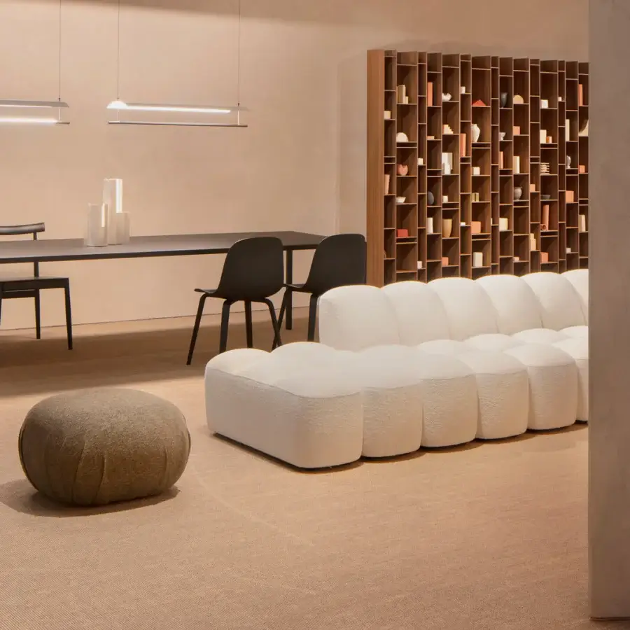 Elegant MDF Italia Array modular sofa with soft off-white textile upholstery and bleached oak veneer wood tables