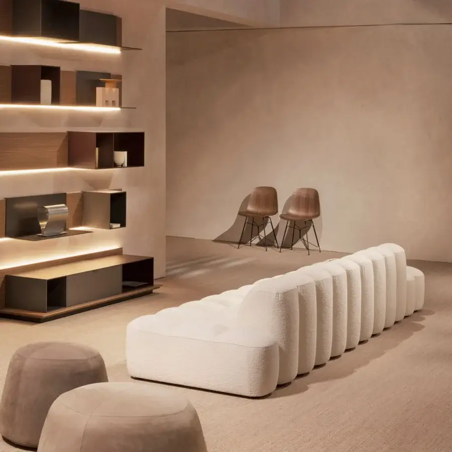 Distinguished MDF Italia Array modular sofa with textured off-white fabric upholstery and bleached oak veneer tables