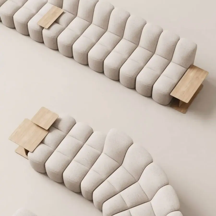 Superior MDF Italia Array modular sofa with inviting light beige textile upholstery and brown oak veneer tables with matte finish