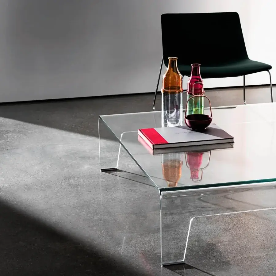 Exclusive Sovet Italia Frog coffee table with extralight bent glass structure and seamless angled legs