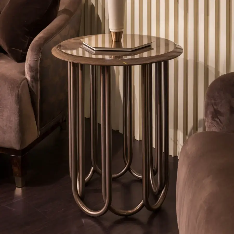Sophisticated Turri Audrey side table with curved tubular metal legs and glossy lacquered wood top in medium brown