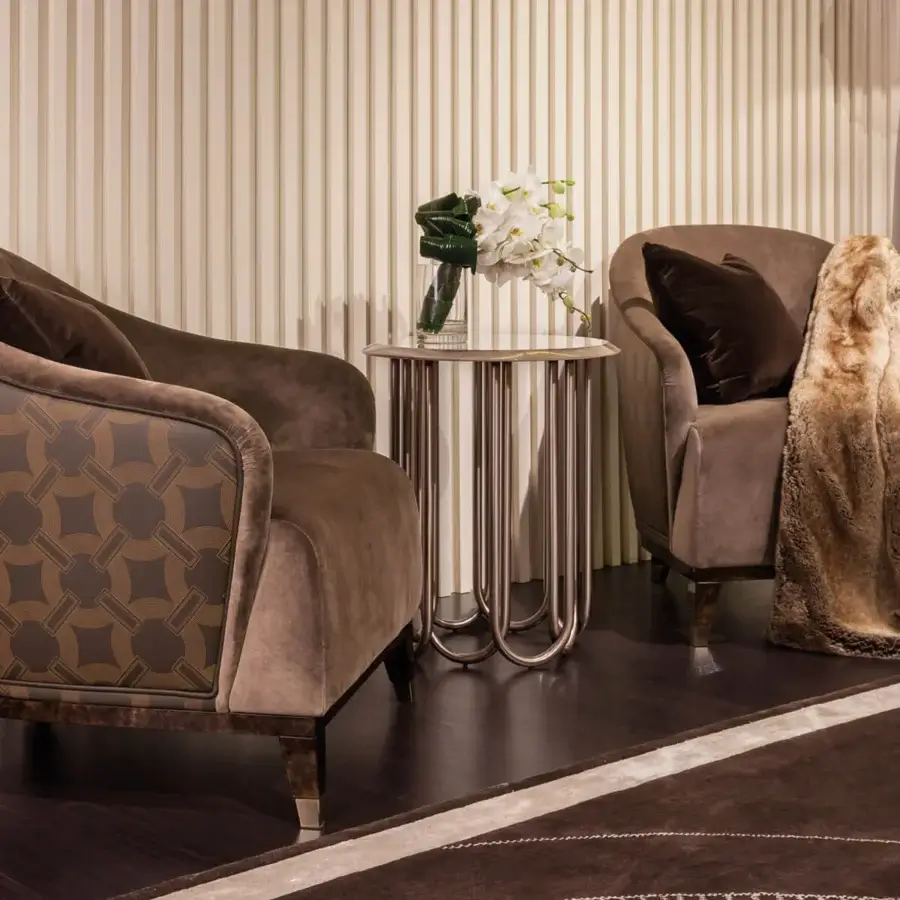Elegant Turri Audrey side table with glossy lacquered wood tabletop and curved metal tubular legs built in a repeating U-shape
