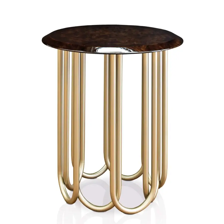 Distinguished Turri Audrey side table with dark brown swirled wood grain top and golden curved tubular metal legs crafted with glossy lacquer