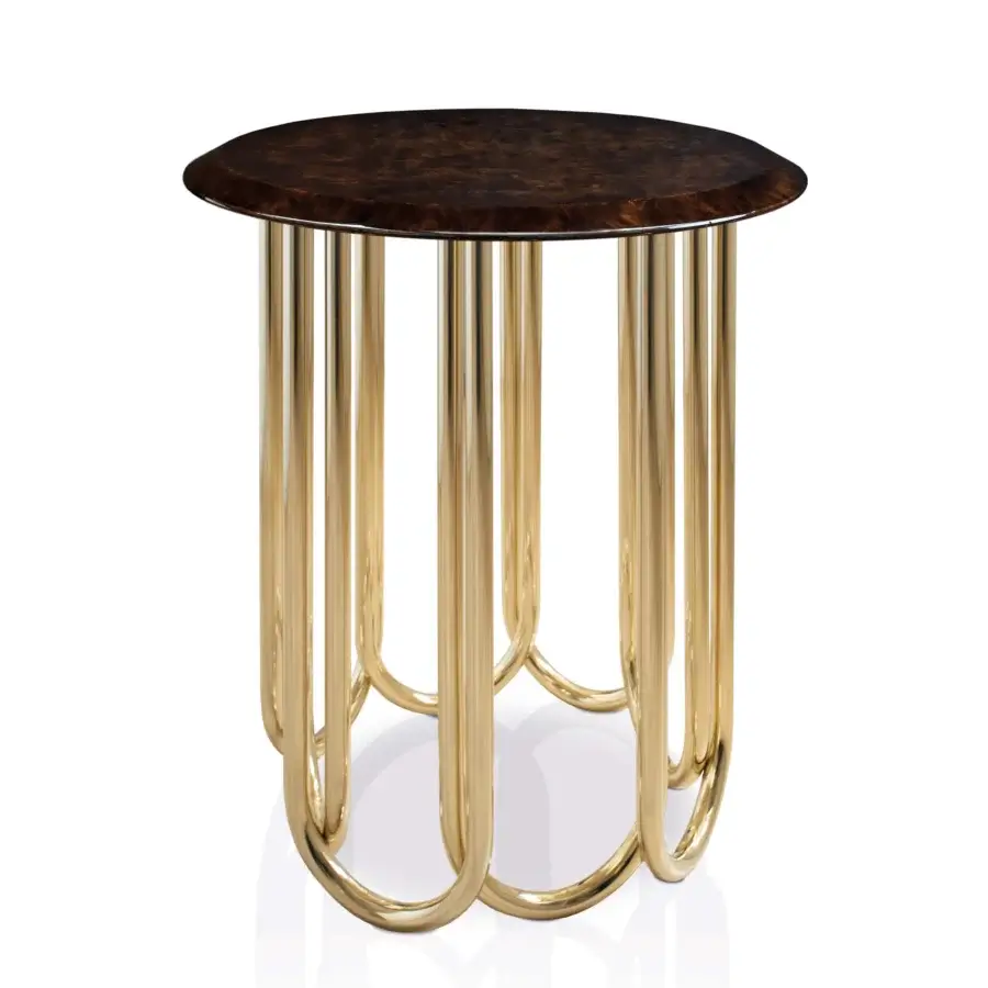 Exceptional Turri Audrey side table with dark brown lacquered wood top and glossy gold-toned curved metal base