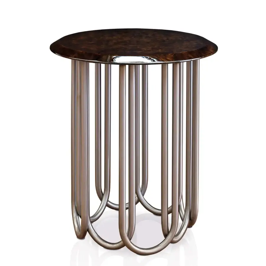 Superior Turri Audrey side table with dark brown glossy lacquered wood top and curved metal tubular legs