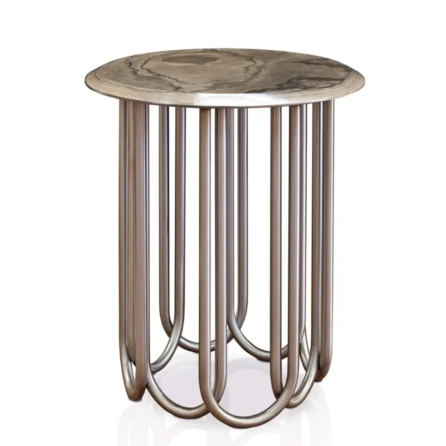 Elegant Turri Audrey side table with gray and beige marble top and polished curved metal legs