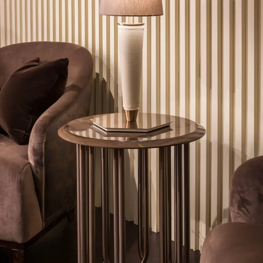 Distinguished Turri Audrey side table with glossy lacquered wood top and curved metal tubular legs in a repeating U-shape pattern