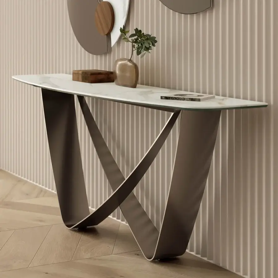 Elegant Bontempi Bach console with interwoven curved metal supports and glossy white-gray marble-like top