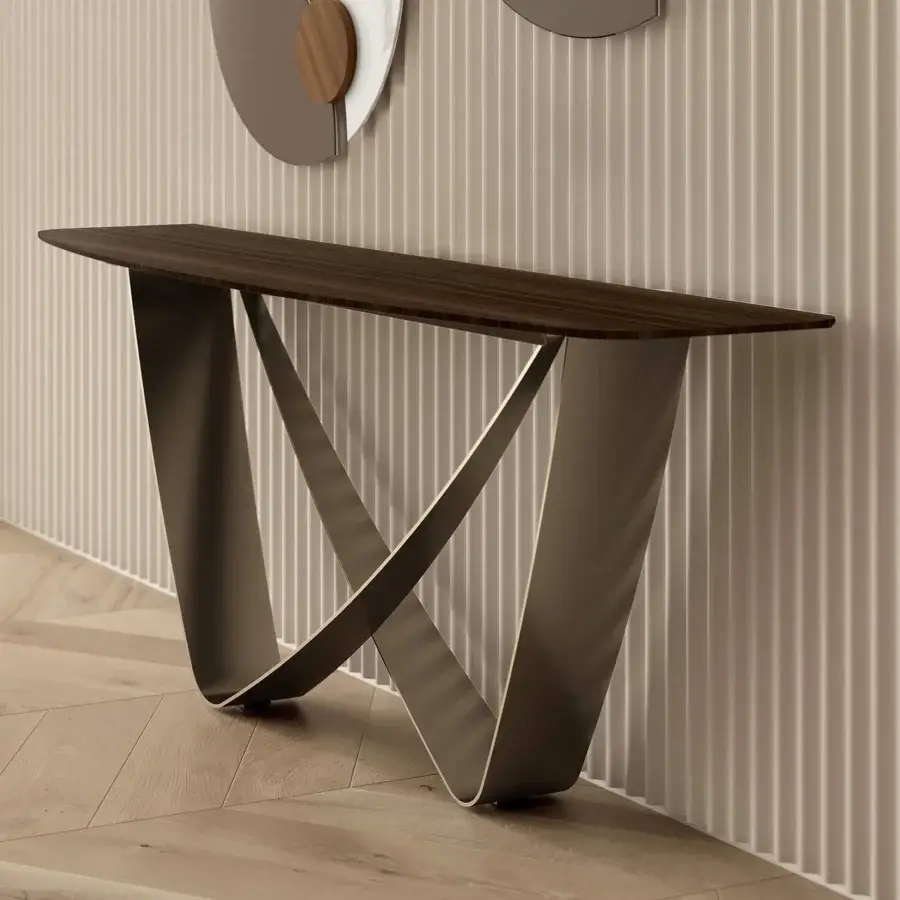 Superior Bontempi Bach console with dark brown wood grain top and uniquely curved grayish-brown matte metal base crafted in Italy