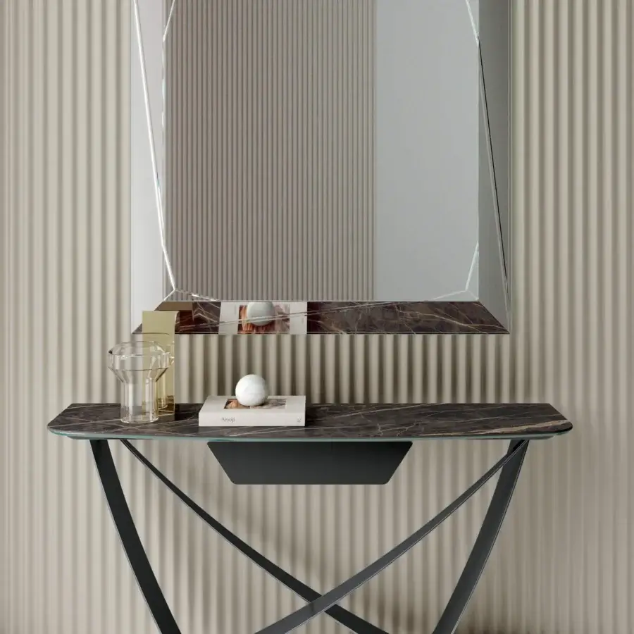 Exceptional Bontempi Bach console with dark marble-like top and matte black metal, built with intersecting legs