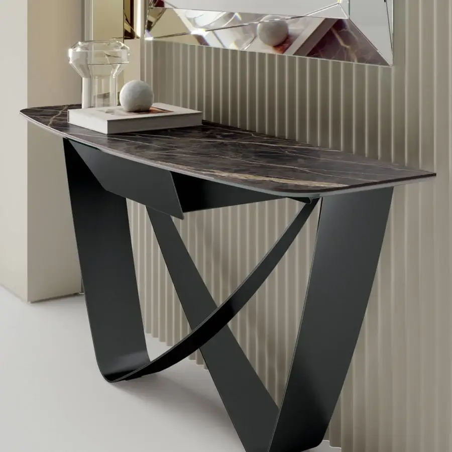 Distinguished Bontempi Bach console with dark marble-like top and matte black interwoven metal base crafted in Italy