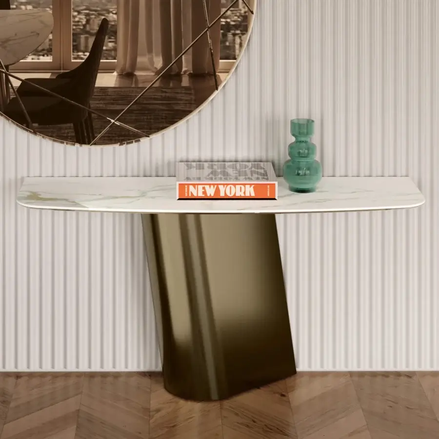 Elegant Bontempi Kimono console with SuperMarble top in white marble finish and bronze-toned droplet base crafted in Italy
