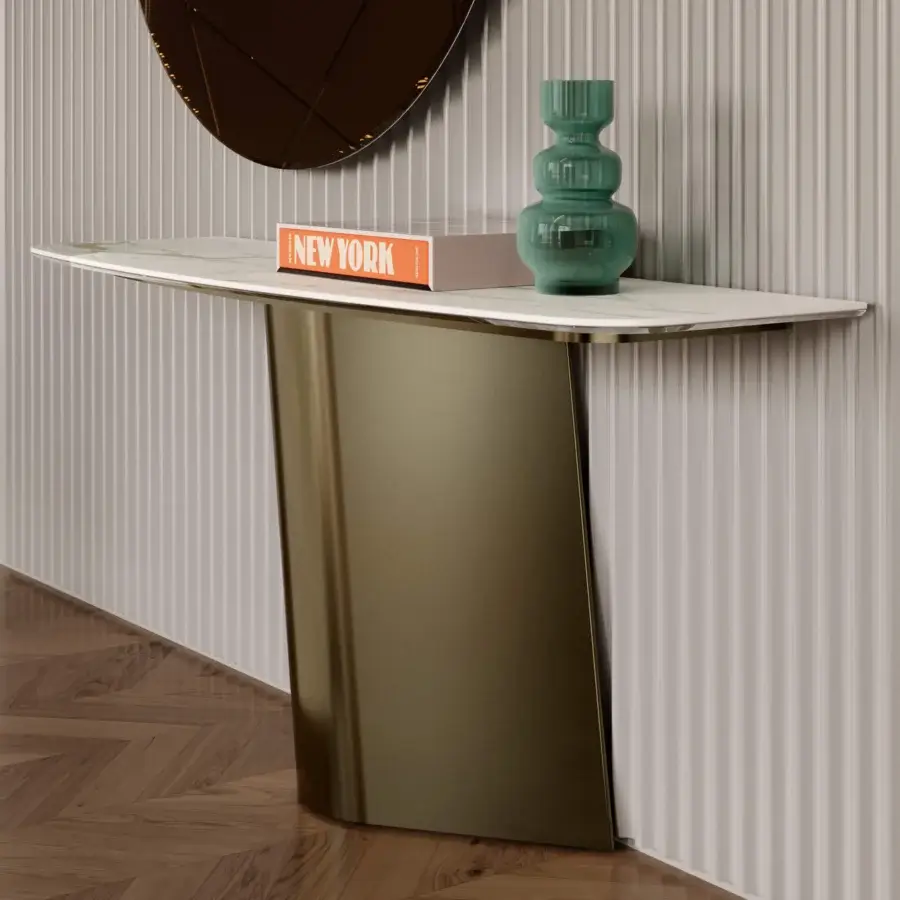 Exceptional Bontempi Kimono console with sculptural base in bronze or olive and light marbled SuperMarble top with metal trim