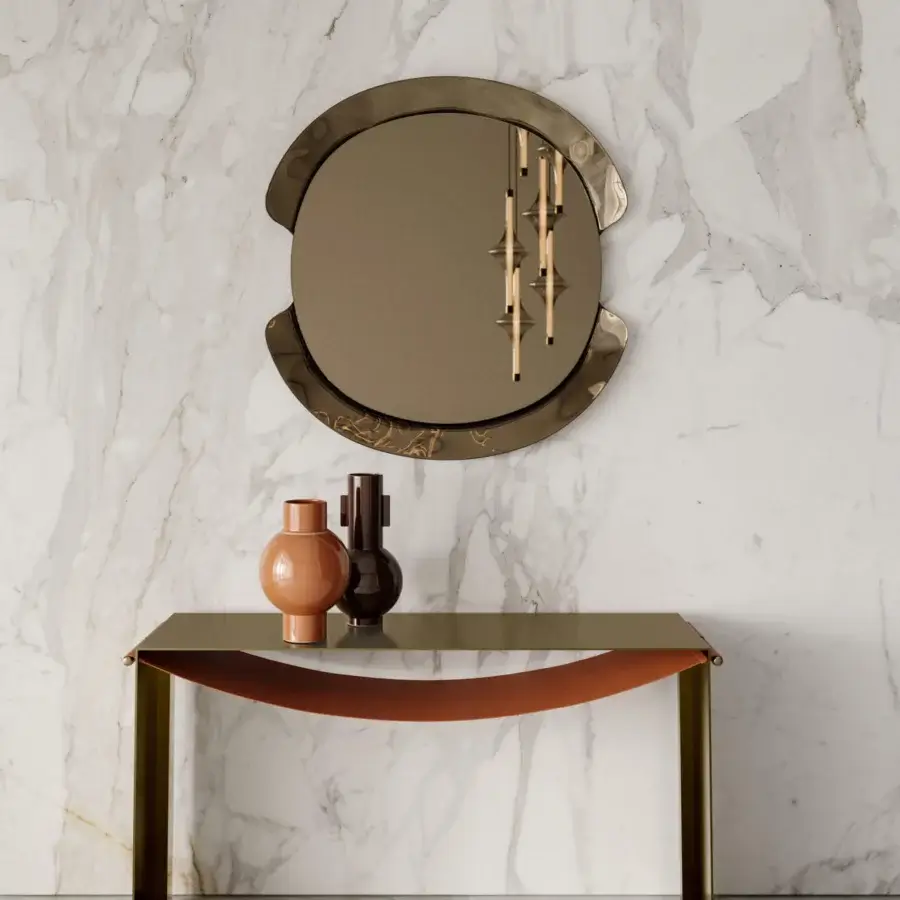 Exceptional Bontempi Piper console with slender metal structure and contrasting copper-toned leather strap in bronze-like satin finish