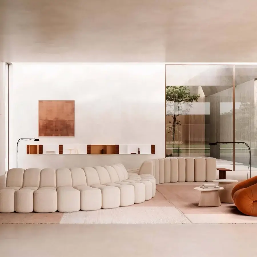 Distinguished MDF Italia Array sectional with soft light beige fabric upholstery and matte finish creating curved segments