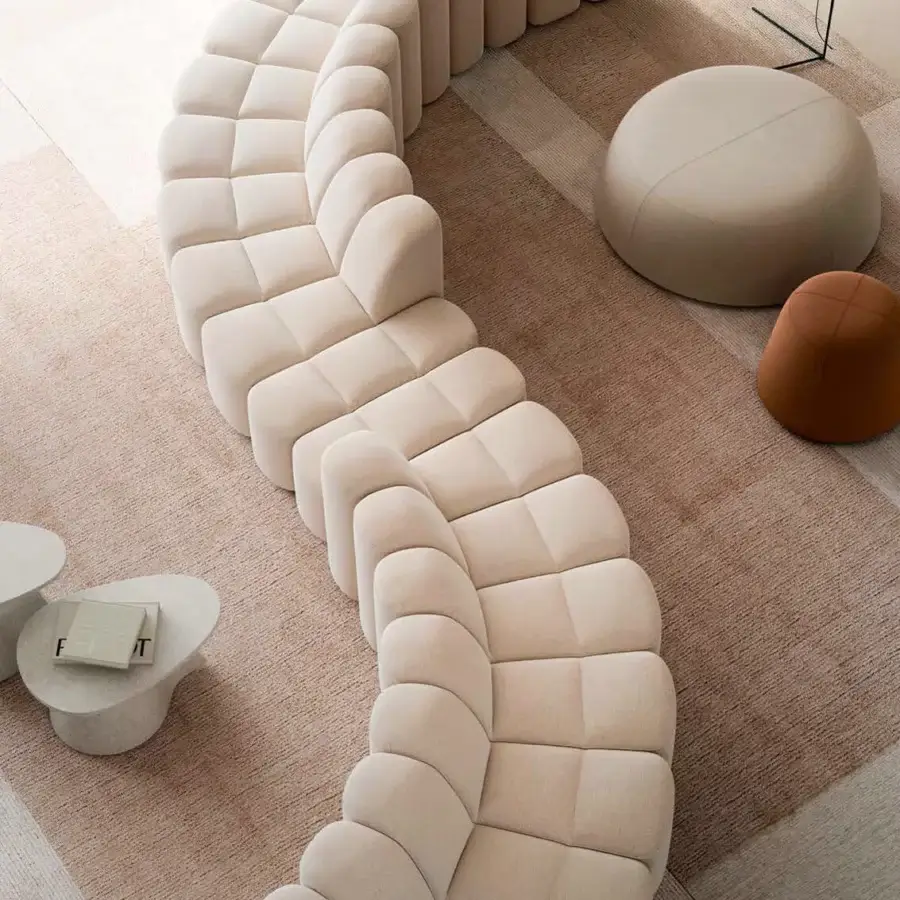 Stylish MDF Italia Array sectional with light cream textile upholstery and bleached oak veneer wood tables