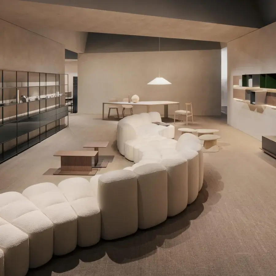 Superior MDF Italia Array sectional with soft textured warm off-white textile upholstery and matte finish