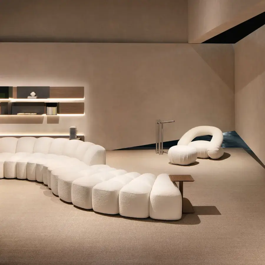 Exceptional MDF Italia Array sectional with plush white fabric upholstery and refined bleached oak veneer tables