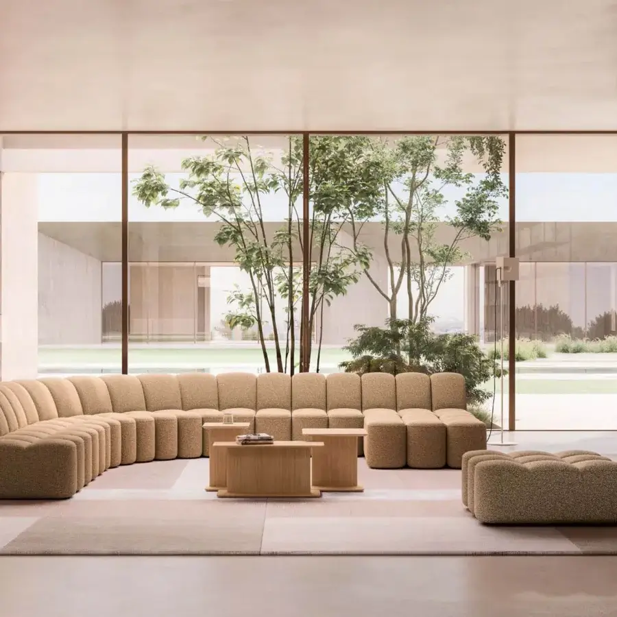Distinguished MDF Italia Array sectional with textured light brown textile upholstery and vertical channel detailing built with bleached oak veneer tables
