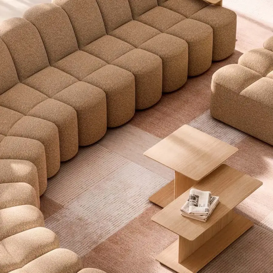 Stylish MDF Italia Array sectional with enveloping forms and textured medium brown textile upholstery, complemented by Canaletto Walnut veneer tables