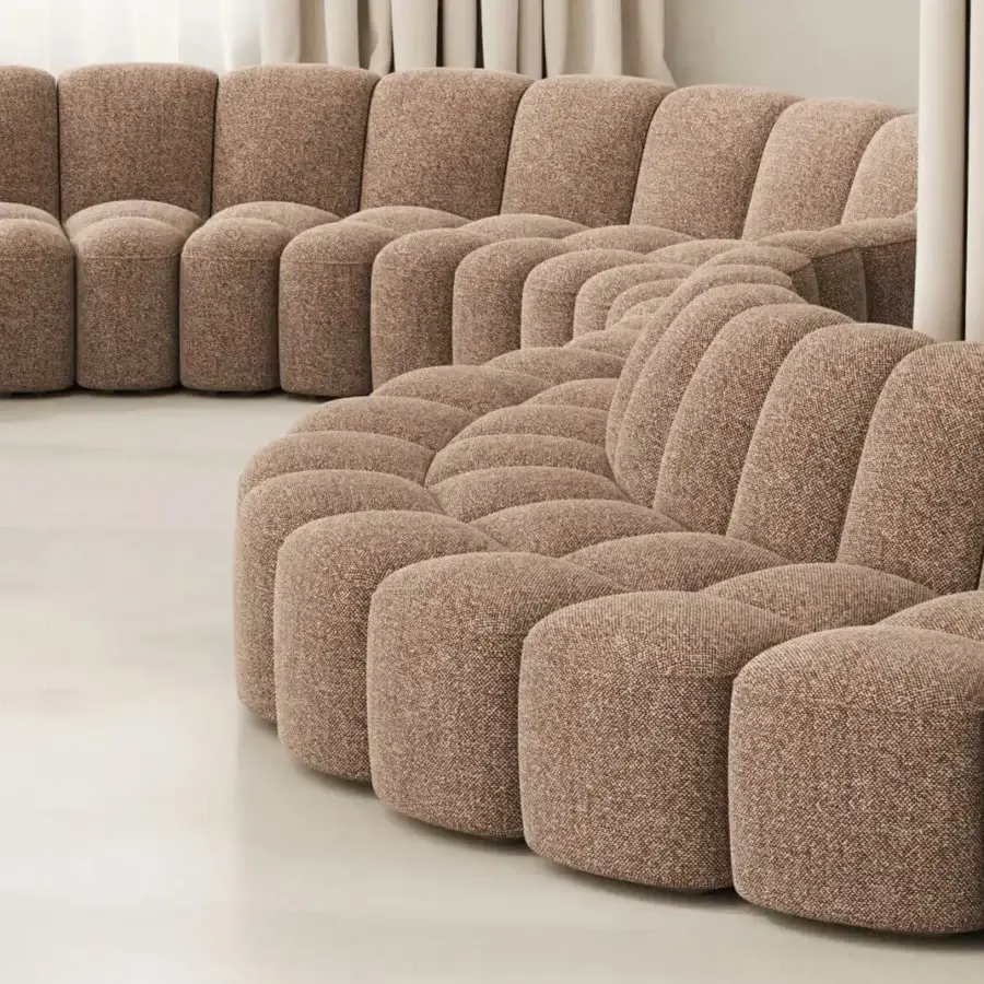 Superior MDF Italia Array sectional with curvilinear modules upholstered in textured light brown textile and wood tables in bleached oak finish