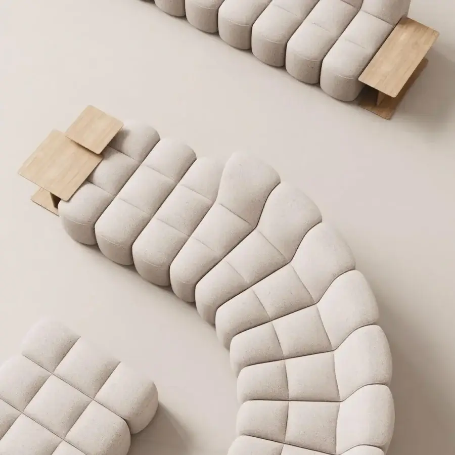 Distinguished MDF Italia Array sectional with light beige textile upholstery and bleached oak veneer wood side tables