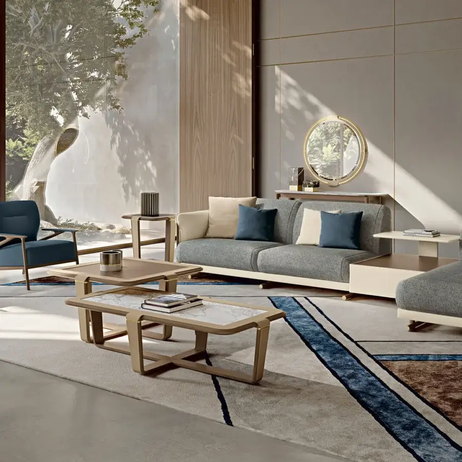 Superior Turri Vine lounge chair with branched natural wood structure and blue textile upholstery in matte finish