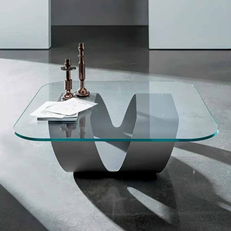 Distinguished Sovet Italia Ring coffee table with gray lacquered metal base and clear extra clear glass tabletop