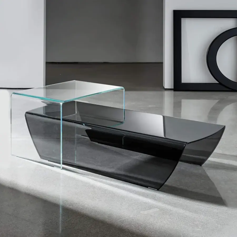 Exceptional Sovet Italia Taky coffee table in bent extra-light smoked glass with a raised clear glass cube accent