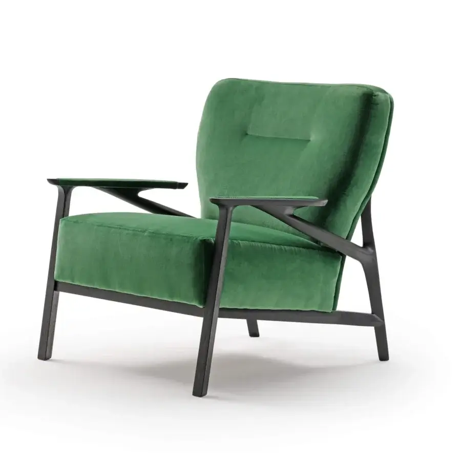Sophisticated Turri Vine lounge chair with branched natural wood and green textile upholstery in a matte finish