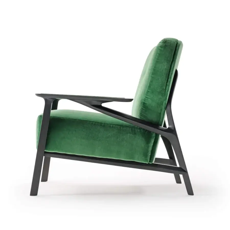 Exceptional Turri Vine lounge chair with branched natural wood structure and lavish green textile upholstery in dark matte finish