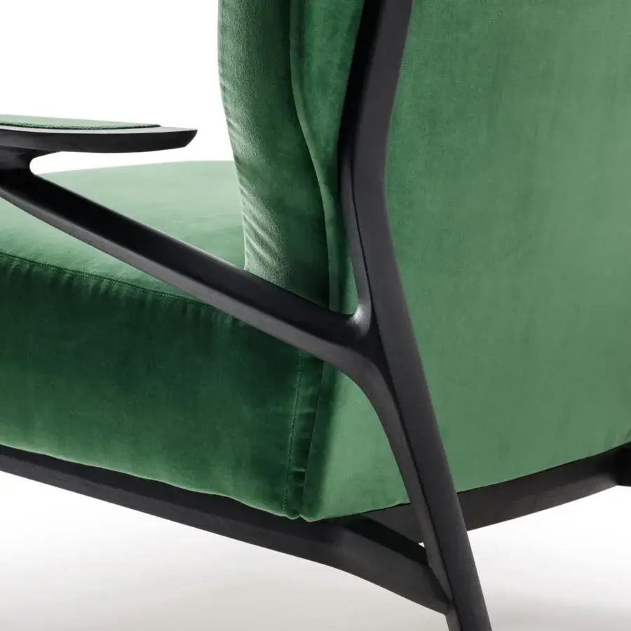 Elegant Turri Vine lounge chair with branched black wood and inviting verdant textile upholstery
