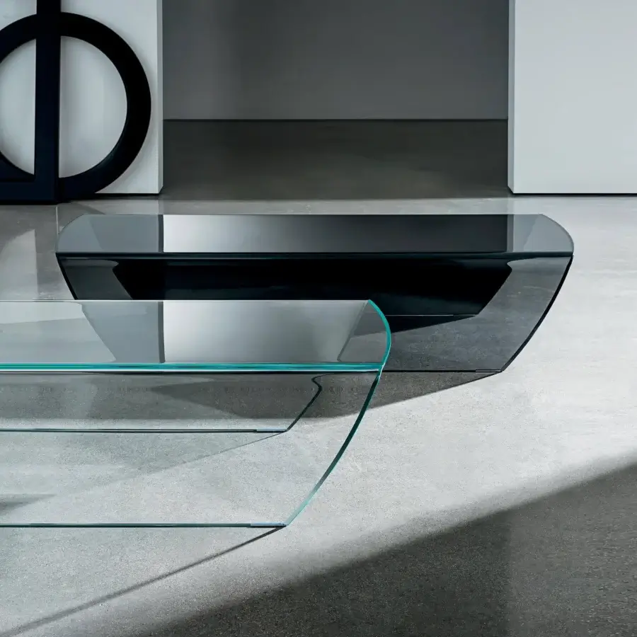 Superior Sovet Italia Taky coffee table in bent extra-light smoked glass showcasing a sleek modern design with a dark reflective tier