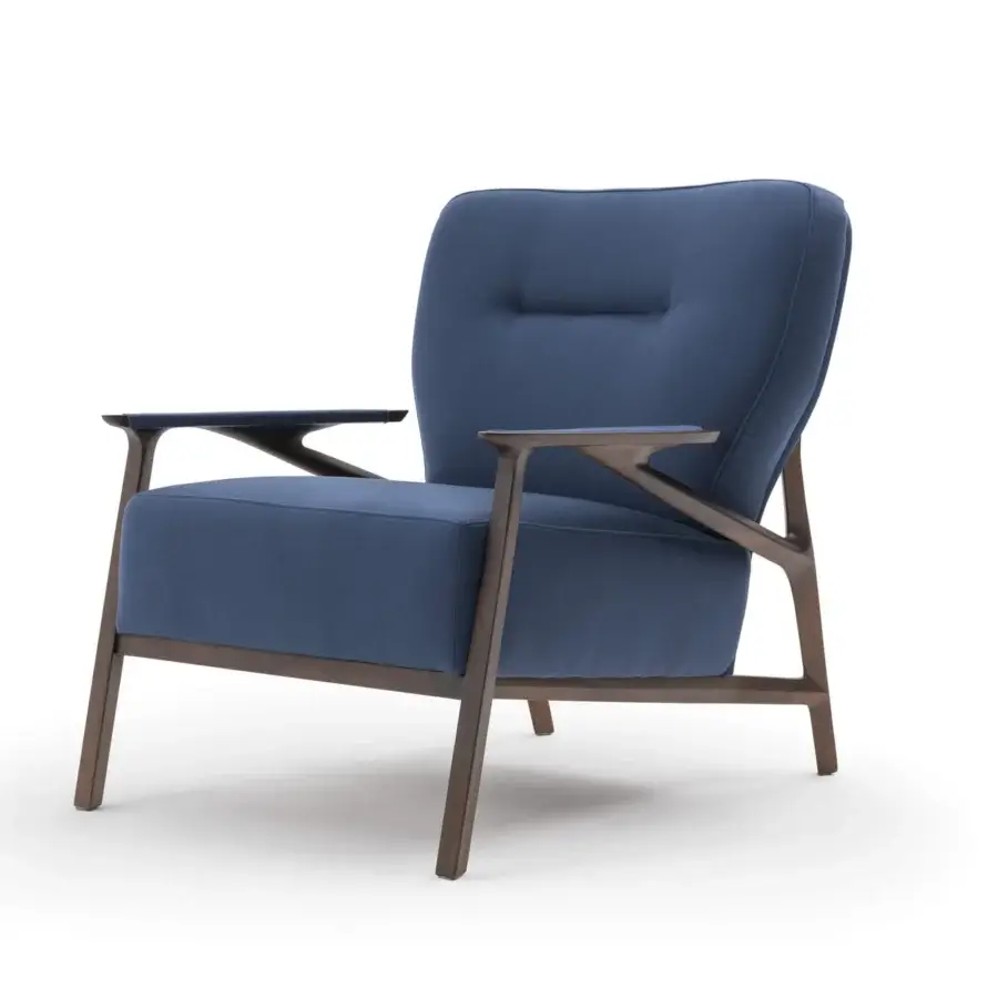 Distinguished Turri Vine lounge chair in sophisticated blue textile with branched natural wood and smooth matte finish