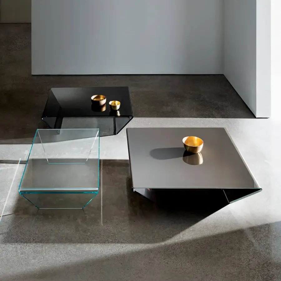 Elegant Sovet Italia Rubino coffee table in bent smoked glass with a glossy grey toned square top and angular supports