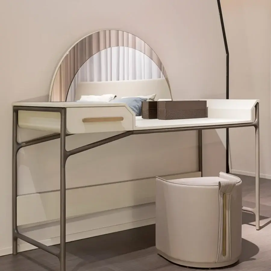 Exceptional Turri Vine ottoman crafted in light beige synthetic material with brushed gold metal detail and smooth finish