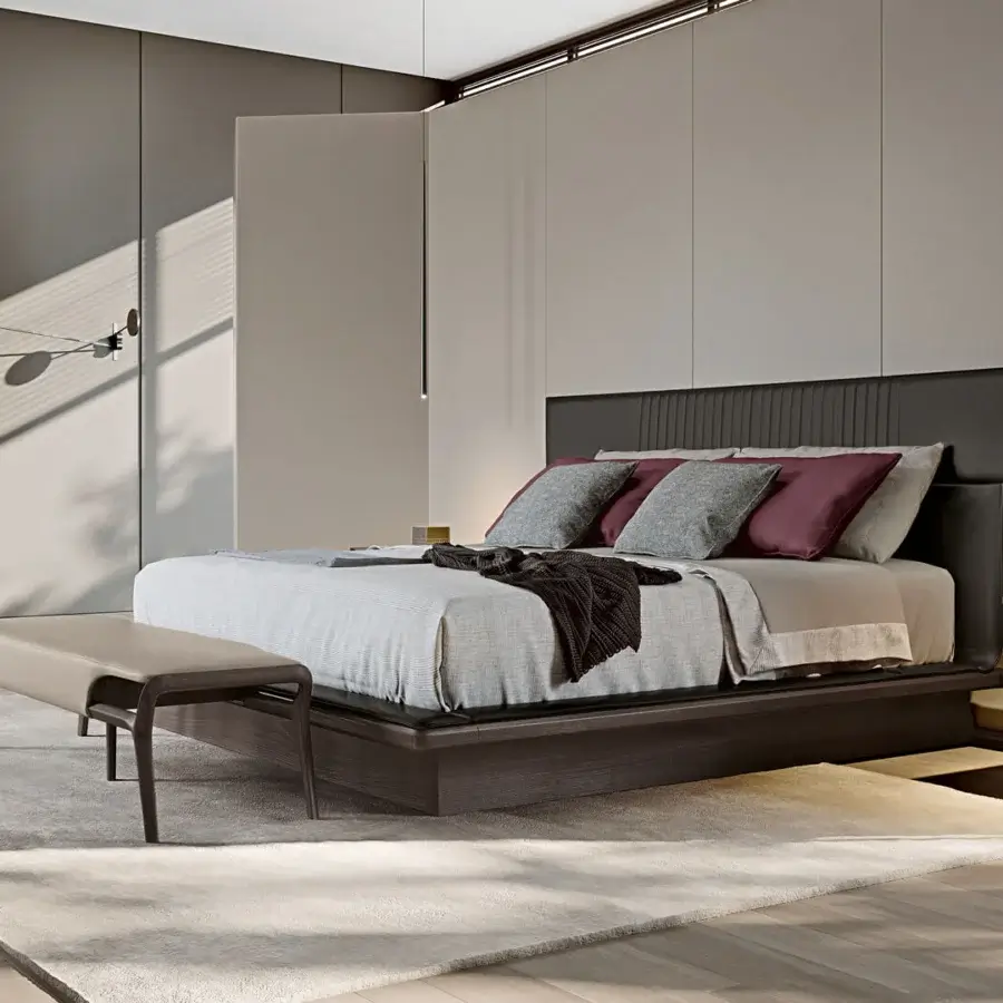 Superior Turri Vine ottoman in light beige textile with dark-toned wooden legs and open base