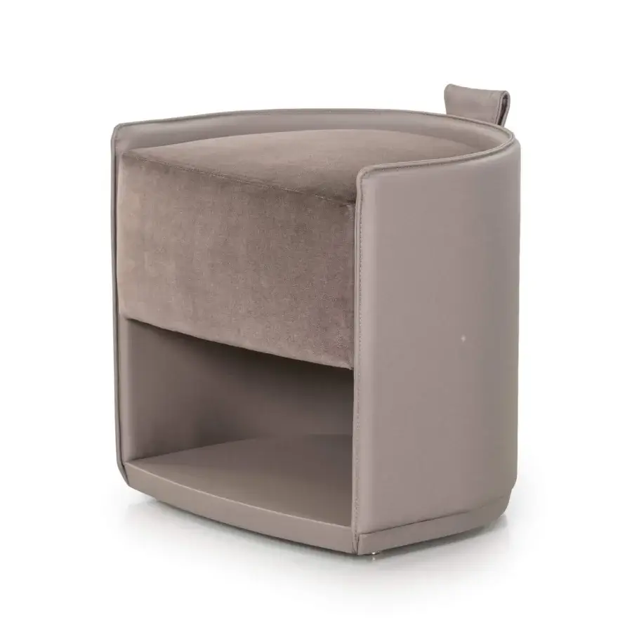 Distinguished Turri Vine ottoman in muted taupe leather and fabric with brushed gold metal detail and open compartment below cushioned seat