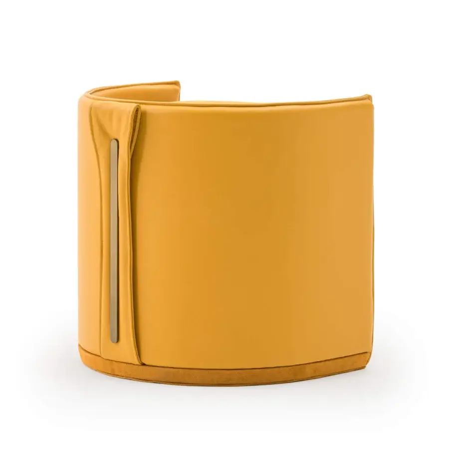Lavish Turri Vine ottoman in mustard-yellow leather and textured fabric with brushed gold metal detail
