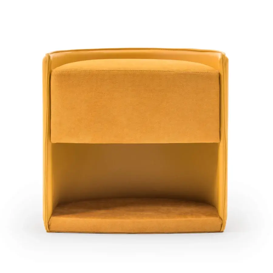 Distinguished Turri Vine ottoman in textured golden-yellow textile with a matte finish and brushed gold metal detail