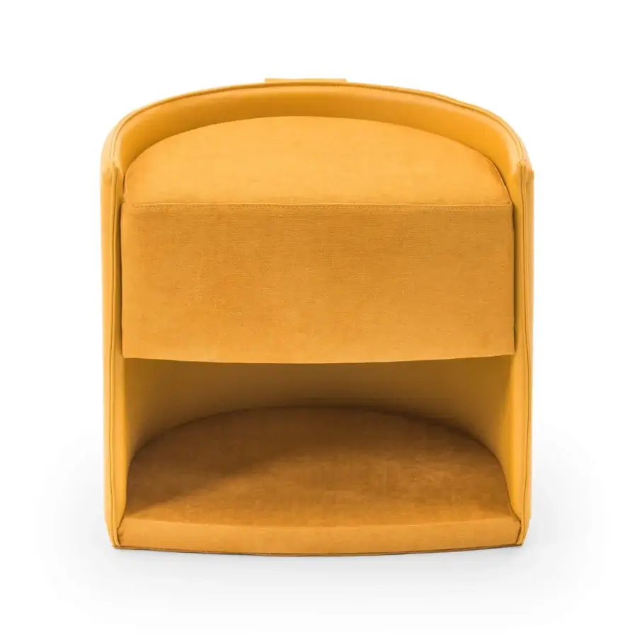 Exclusive Turri Vine ottoman in mustard yellow textile with a brushed gold metal and leather detail