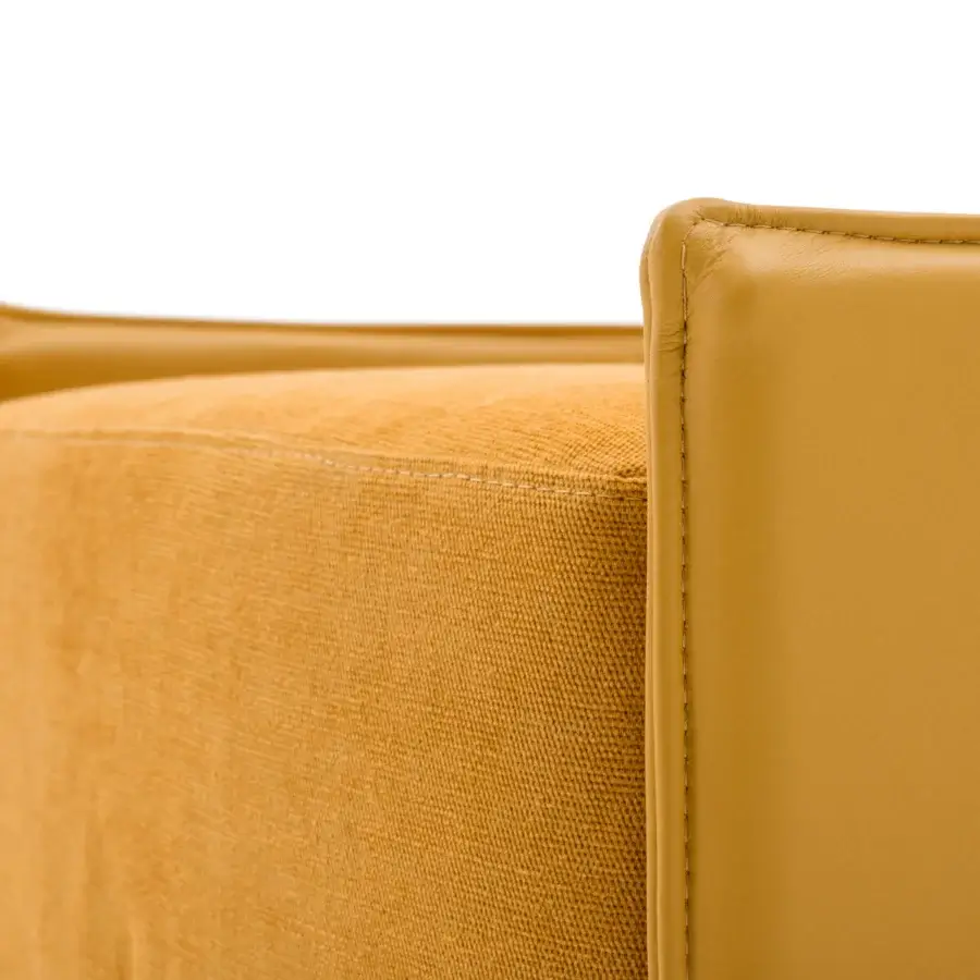 Lavish Turri Vine ottoman in muted golden-yellow textured fabric with brushed gold metal and smooth uniform finish