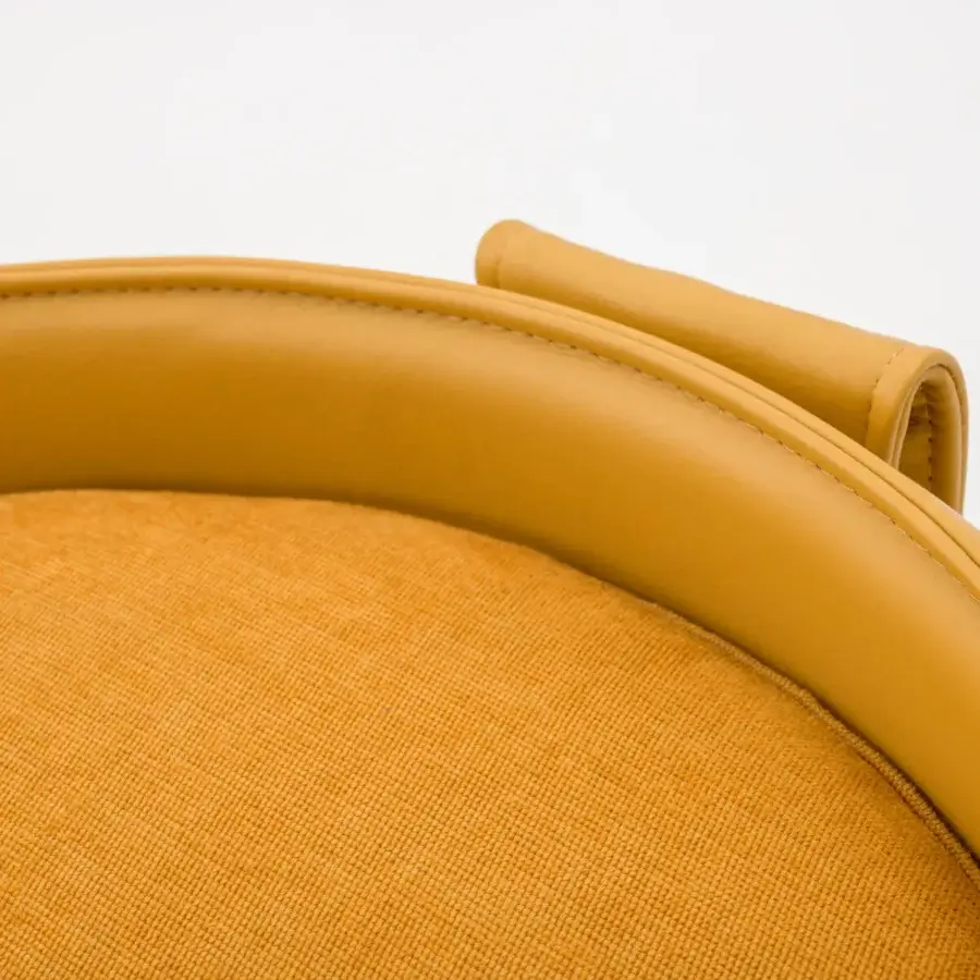 Distinguished Turri Vine ottoman in striking yellow leather and textured fabric with brushed gold metal detailing