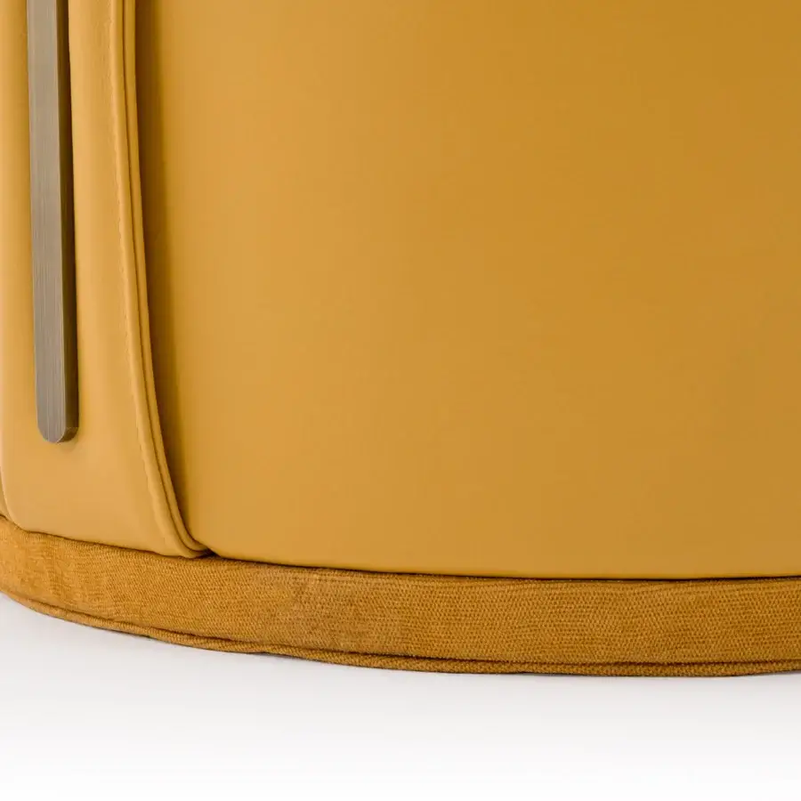Exclusive Turri Vine ottoman in smooth mustard yellow leather with textured fabric and brushed gold metal detail
